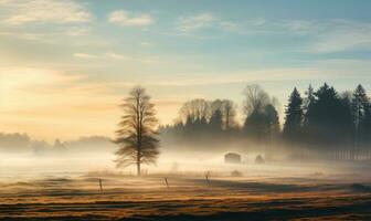 ai genererad äng i de morgon- dimma. skön landskap med äng och träd foto