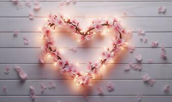 ai genererad valentines dag bakgrund med hjärta form tillverkad av persika blomma blommor på trä- bakgrund foto