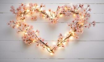 ai genererad hjärta tillverkad av ljus lökar med körsbär blomma grenar på vit trä- bakgrund foto