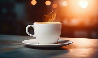 ai genererad en kopp av kaffe med latte konst på en fat omgiven förbi värma ljus den där åberopar en mysigt morgon- atmosfär foto