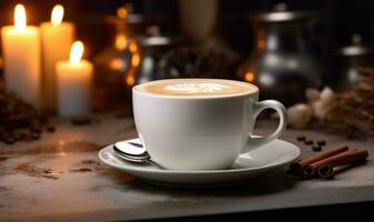 ai genererad en kopp av latte med invecklad skumma konst på en fat, uppsättning på en tabell med en värma, mysigt Kafé atmosfär ai genererad foto