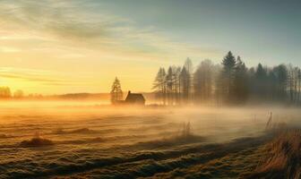 ai genererad äng i de morgon- dimma. skön landskap med äng och träd foto