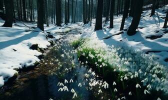 ai genererad skön snödroppe blommor växande i skog, närbild. tidigt vår. selektiv fokus, bokeh ljus foto