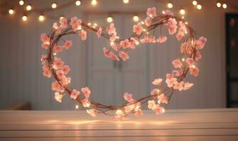 ai genererad valentines dag hälsning kort. krans av persika blommar på trä- tabell över rosa bakgrund med lampor. foto