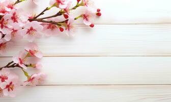 ai genererad persika blomma på vit trä- bakgrund med kopia Plats för din text foto