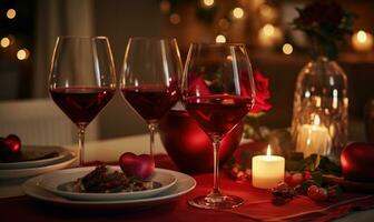 ai genererad romantisk middag med tre glasögon av röd vin på trä- tabell dekorerad med hjärtan och ljus foto