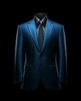 ai genererad elegant blå herr- kostym isolerat på svart bakgrund. generativ ai foto