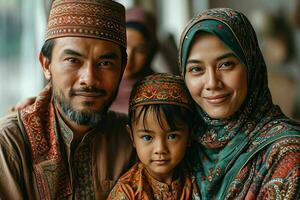 ai genererad porträtt av en Lycklig asiatisk muslim familj i traditionell kläder. generativ ai foto