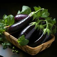 ai genererad färsk äggplanta med vatten droppar. grupp av aubergine. generativ ai foto