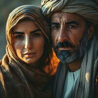 ai genererad porträtt av en mitten östra muslim par i traditionell klänning. generativ ai foto