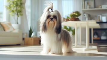 ai genererad söt ung shih tzu hund med lång hår Sammanträde på de rum och ser på kamera foto