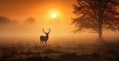 ai genererad mäktig röd rådjur stående i de savann med tät dimma i de morgon, höst tema foto