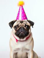 ai genererad mops hund med Lycklig uttryck bär födelsedag hatt foto