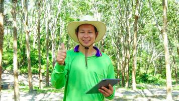 asiatisk sudd jordbrukare kontroll kvalitet av sudd flytande förbi läsplatta teknologi från sudd plantage ,teknologi jordbruks sudd produkt begrepp. foto