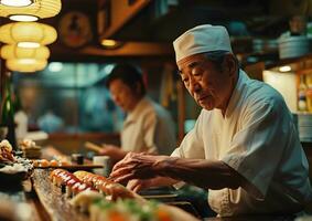 ai genererad asiatisk kock framställning sushi måltid för hans kund foto