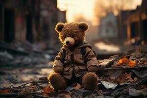 ai genererad brun teddy Björn placerad i främre av en förstörd hus på grund av till krig foto