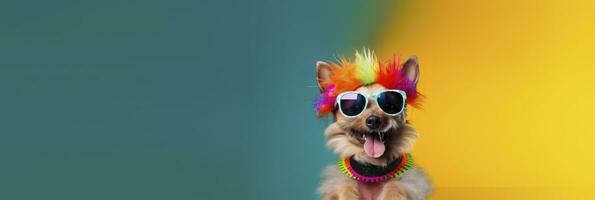 ai genererad rolig hund i en regnbåge karneval fest. generativ ai foto