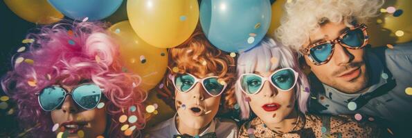 ai genererad människor i färgrik peruker klädd för fest med ballonger och konfetti. generativ ai foto