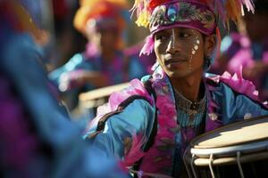 ai genererad porträtt av karneval handelsresande spelar en trumma i en Mars. generativ ai foto