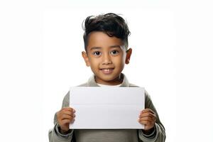 ai genererad ett asiatisk pojke innehav en vit plakat isolerat på vit bakgrund foto