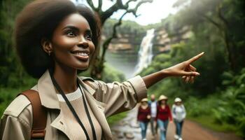 ai genererad närbild Foto av en karismatisk Turné guide av afrikansk härkomst, kvinna, i en natur boka, pekande ut en avlägsen vattenfall till en grupp av turister.