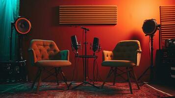 ai genererad podcast studio med två stolar och lampor minimalistisk begrepp, ai generativ foto
