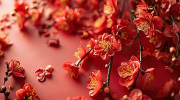 ai genererad plommon blomma i kinesisk lunar ny år på röd bakgrund, ai generativ foto