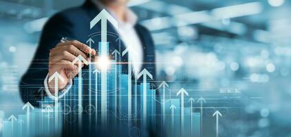 global företag tillväxt analys och tillgång investering Diagram företag och finansiera upp pil holografiska ekonomisk Diagram, global ekonomisk trend analys, finansiell Graf analys på virtuell skärm. foto