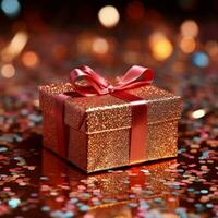 ai genererad glitter glädje röd gåva låda pärlar med festlig Semester locka för social media posta storlek foto