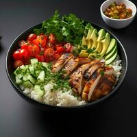 ai genererad kyckling bröst med ris och vegetabiliska sallad i en vit skål för social media posta storlek foto