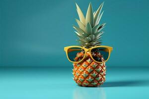 ai genererad tropisk chic ananas i nyanser, symboliserande sommar semester på blå foto