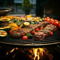 ai genererad grill med utsökt grillad kött och grönsaker, närbild bbq scen för social media posta storlek foto