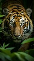 ai genererad Foto sumatran tiger i närbild, stalking byte med djungel atmosfär vertikal mobil tapet