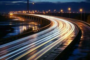 ai genererad motorväg lampor belysa de natt, skapande en fascinerande nattlig scen foto