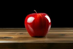 ai genererad tabell prydnad artificiell röd äpple står ut på en trä- yta foto