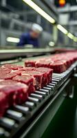 ai genererad kött bearbetning förundras industriell maskineri nedskärningar och förbereder färsk nötkött vertikal mobil tapet foto