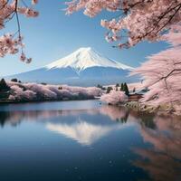 ai genererad japansk körsbär blommar ram mt fuji på Kawaguchiko sjö för social media posta storlek foto