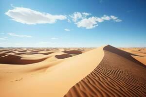 ai genererad afrikansk resa, sahara torr gul sand, blå himmel, äventyr foto