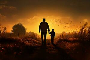 ai genererad silhouetted obligation far och son håll händer på ett höst äng foto