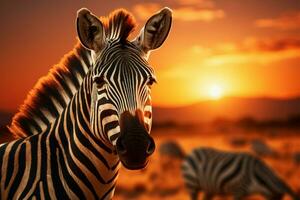 ai genererad savann lugn zebra mot ett afrikansk solnedgång bakgrund, afrika dag foto
