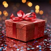 ai genererad säsong- överraskning vibrerande röd gåva låda insvept i festlig glitter för social media posta storlek foto