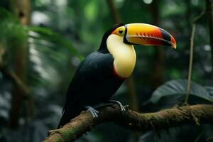 ai genererad levande toco toucan uppflugen på en djungel gren, tropisk scen foto