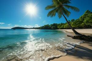 ai genererad klar blå hav och handflatan träd på en tropisk strand foto