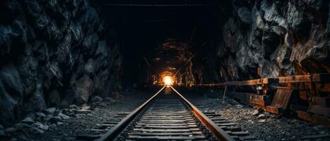 ai genererad solnedgång belysande en järnväg tunnel. ai generativ. foto