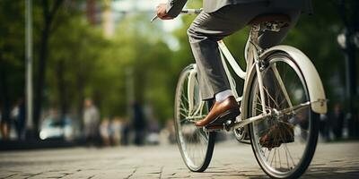 ai genererad man på cykel i stad, tillfällig klädsel, livliga urban scen. ai generativ. foto