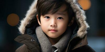 ai genererad närbild av en ung asiatisk pojke i vinter- klädsel. ai generativ. foto