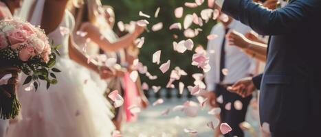 ai genererad glad bröllop scen med brud och brudgum, konfetti regn. ai generativ. foto