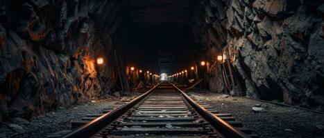 ai genererad solnedgång belysande en järnväg tunnel. ai generativ. foto