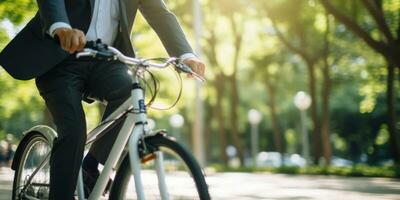 ai genererad snyggt klädd man på cykel, vibrerande utomhus, solig väder. ai generativ. foto