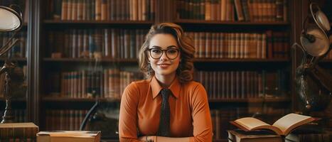 ai genererad trendig kvinna studerande Sammanträde bland bokhyllor i ett gammal universitet bibliotek, djupt uppslukad i studerar. foto